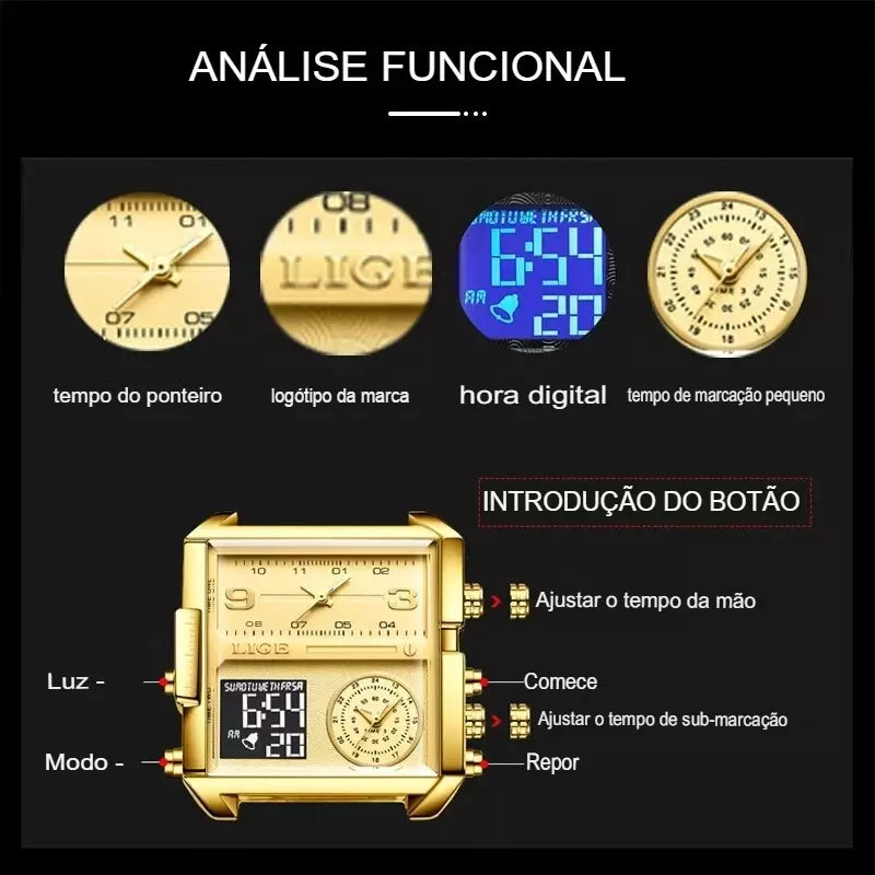 LIGE-8925 Relógio Masculino Digital Aço Inoxidável a Prova D'agua Calendário Automático Visor Notuno