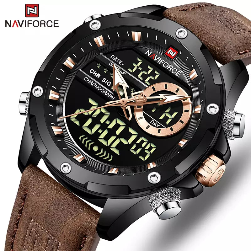 NAVIFORCE-NF9208-BNB Relógio Masculino Quartz Digital Visor Noturno,Vidro Safira,Calendário Automático e A Prova D'Agua.